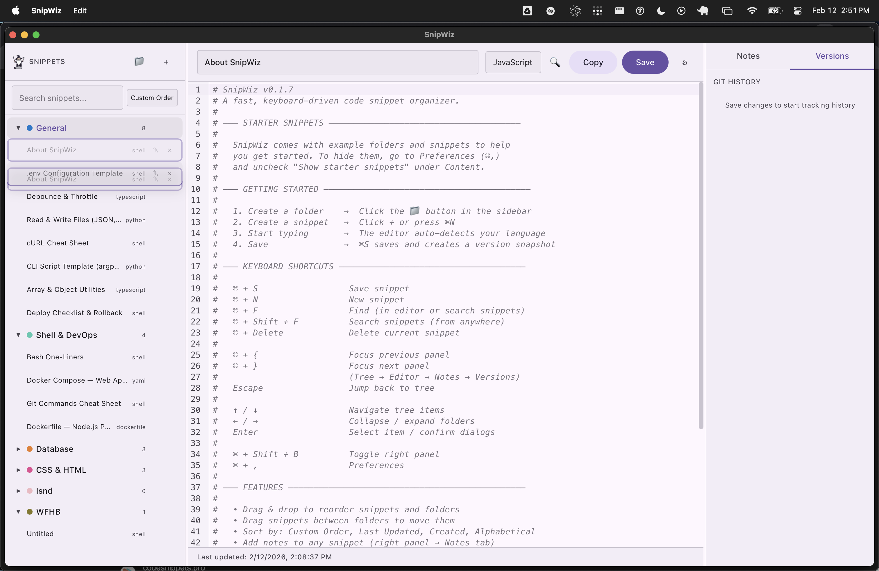 SnipWiz in light theme with starter snippets visible