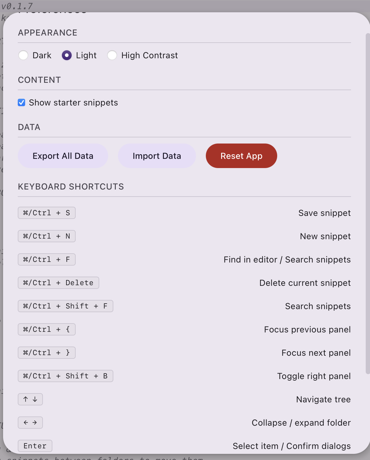 SnipWiz preferences showing themes, keyboard shortcuts, and export options